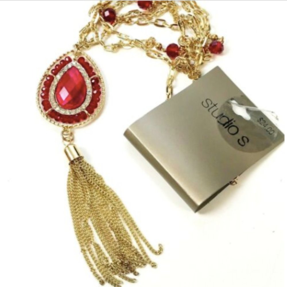 Studio S Gold & Red Long Tassel Necklace New
